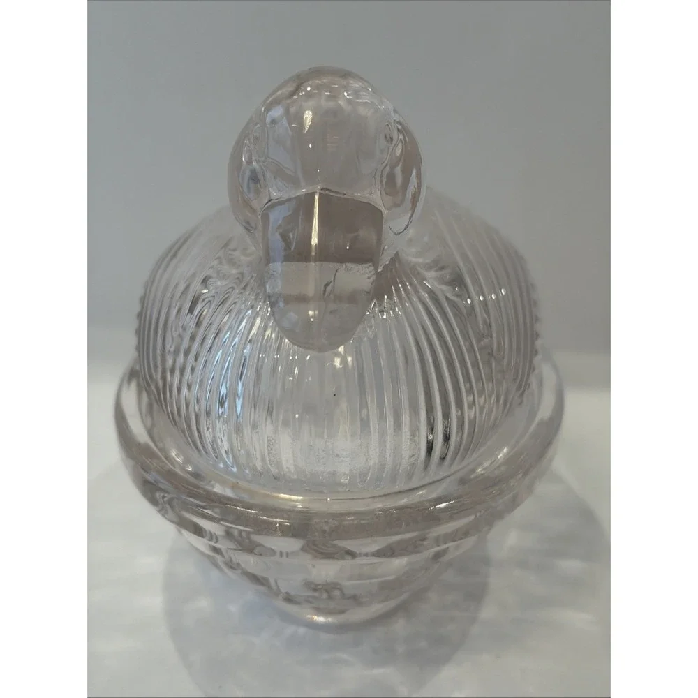 Light Pale Pink Glass Duck On Woven Basket Dish Trinket Candy Covered